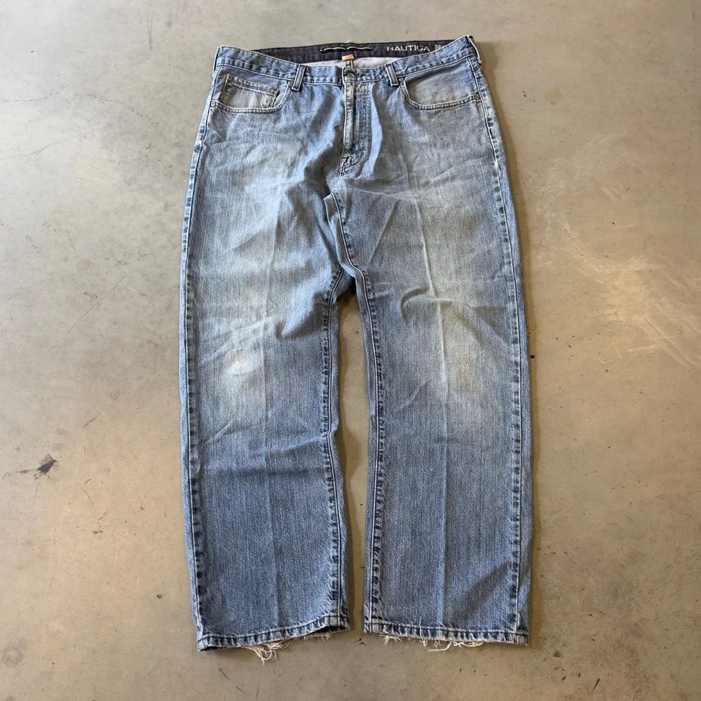 Nautica Mens Blue Relaxed Fit Straight Leg Denim Jeans 36x30 Distressed Hem
